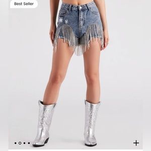 On The Fringe Rhinestone Denim Shorts